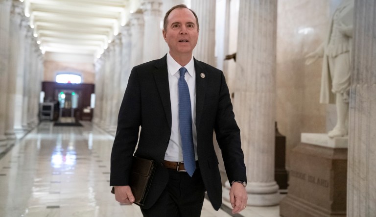 House Intelligence Committee Chairman Adam Schiff, D-Calif., walks through the Hall of Columns at the Capitol as House Democratic chairs gather for a meeting with Majority Leader Steny Hoyer, D-Md., in Washington, Wednesday, March 27, 2019.