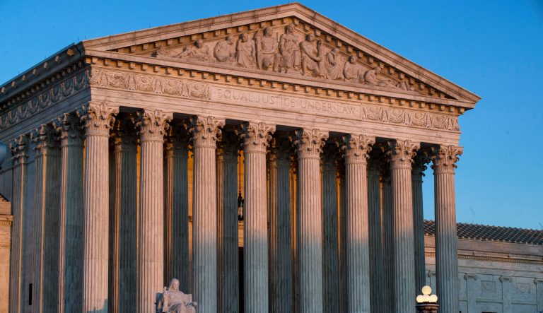 The U.S. Supreme Court is seen at sunset, Wednesday, March 27, 2019, in Washington. 