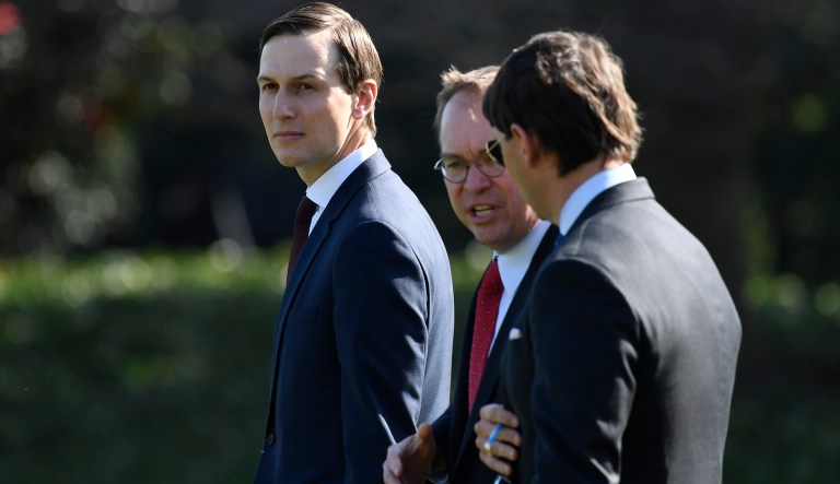 White House adviser Jared Kushner, left, walks with acting White House chief of staff Mick Mulvaney, center, and White House Deputy Press Secretary Hogan Gidley, toward Marine One on the South Lawn of the White House in Washington, Thursday, March 28, 2019, to join President Donald Trump for the short trip to Andrews Air Force Base in Maryland. Trump is traveling to Michigan to speak at a rally before spending the weekend at his Mar-a-Lago estate in Florida.