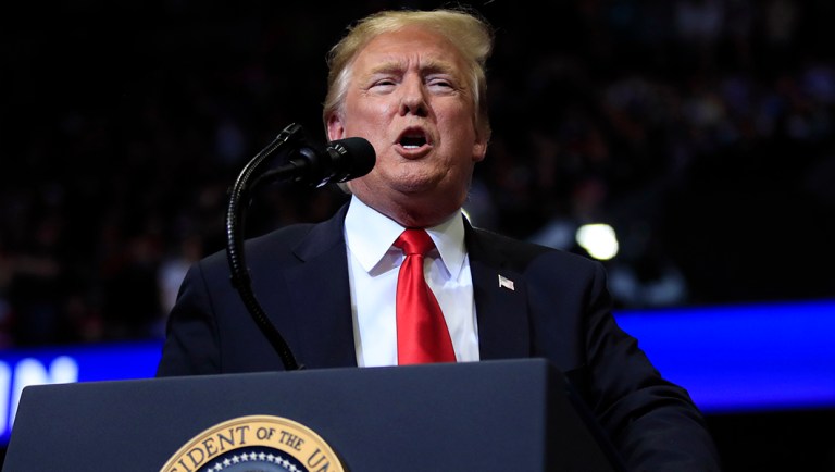 President Trump speaks at a campaign rally in Grand Rapids, Mich.