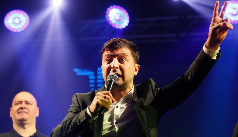 Volodymyr Zelenskiy, Ukrainian actor and candidate in the upcoming presidential election, hosts a comedy show at a concert hall in Brovary, Ukraine, Friday, March 29, 2019. Zelenskiy now surging ahead of both Tymoshenko and Poroshenko in the presidential context according to polls. 