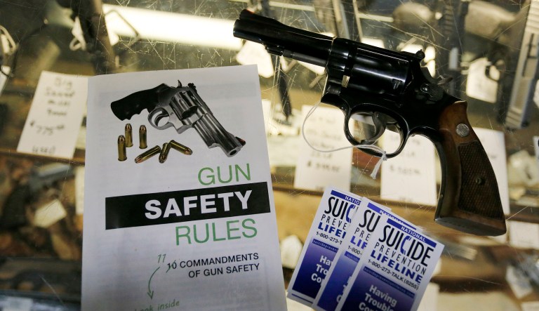 Gun safety and suicide prevention brochures are on display next to guns for sale at a local retail gun store in Montrose, Colorado.