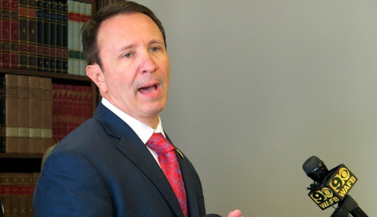 Attorney General Jeff Landry talks about health care legislation he's backing in the upcoming session, on Monday, April 1, 2019, in Baton Rouge, La. Landry, a Republican, and Democratic Gov. John Bel Edwards are pushing dueling bills aimed at protecting people with pre-existing health conditions if the federal Affordable Care Act is overturned.