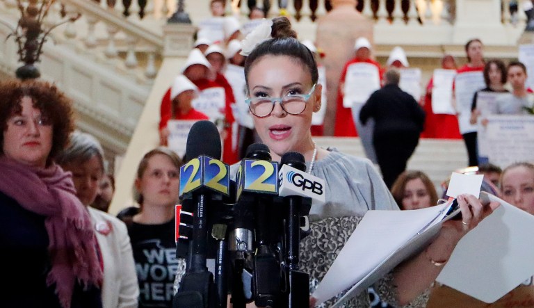 Actress Alyssa Milano speaks after delivering a letter to Georgia Gov. Brian Kemp's office detailing her opposition to HB 481 at the State Capitol on April 2, 2019 in Atlanta.