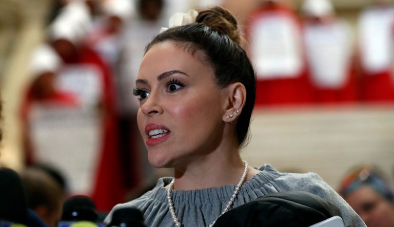 Actress Alyssa Milano speaks after delivering a letter to Gov. Brian Kemp's office detailing her opposition to HB 481 at the State Capitol Tuesday, April 2, 2019, in Atlanta. 