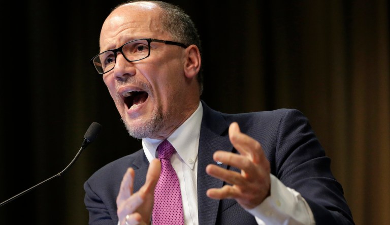 Tom Perez, chairman of the Democratic National Committee, speaks during the National Action Network Convention in New York, Wednesday, April 3, 2019.