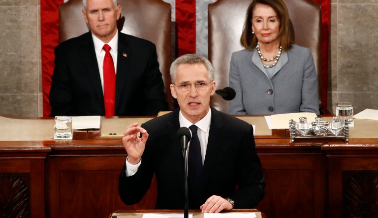NATO Secretary General Jens Stoltenberg, accompanied by Vice President Mike Pence, left, and House Speaker Nancy Pelosi of Calif., right, addresses a Joint Meeting of Congress on Capitol Hill in Washington, Wednesday, April 3, 2019, having been invited by the bipartisan leadership of the House of Representatives and the Senate.