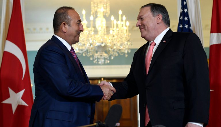 Secretary of State Mike Pompeo, right, meets with Turkish Foreign Minister Mevlut Cavusoglu on Wednesday, April 3, 2019, at the Department of State in Washington. 