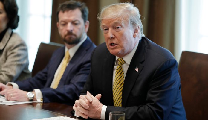 President Donald Trump speaks during the White House Opportunity and Revitalization Council meeting in the Cabinet Room of the White House, Thursday, April 4, 2019, in Washington. 