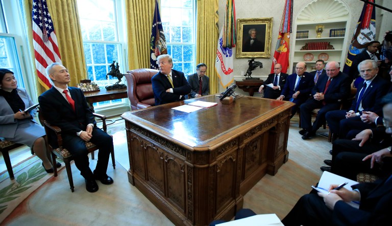 President Donald Trump speaks during a meeting with China's Vice Premier Liu He in the Oval Office of the White House in Washington, Thursday, April 4, 2019. 