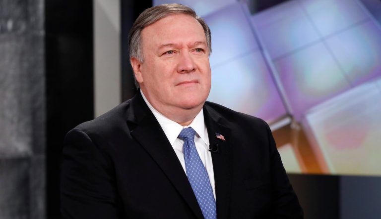 U.S. Secretary of State Mike Pompeo appears on the "Mornings with Maria Bartiromo" program on the Fox Business Network, in New York Friday, April 5, 2019. 