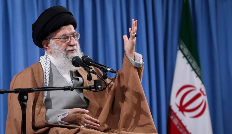 In this picture released by an official website of the office of the Iranian supreme leader, Supreme Leader Ayatollah Ali Khamenei speaks at a meeting with a group of Revolutionary Guards and their families in Tehran.