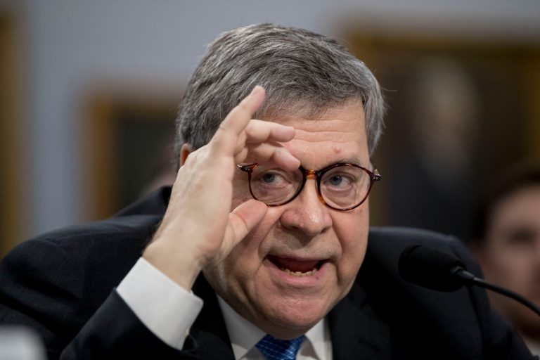 In his first appearance on Capitol Hill since taking office, and amid intense speculation over his review of special counsel Robert Mueller's Russia report, Attorney General William Barr appears before a House Appropriations subcommittee to make his Justice Department budget request, Tuesday, April 9, 2019, in Washington.  (AP Photo/Andrew Harnik)