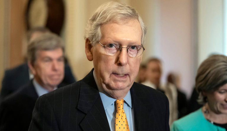 Senate Majority Leader Mitch McConnell, R-Ky., speaks to reporters at the Capitol in Washington, Tuesday, April 9, 2019. 