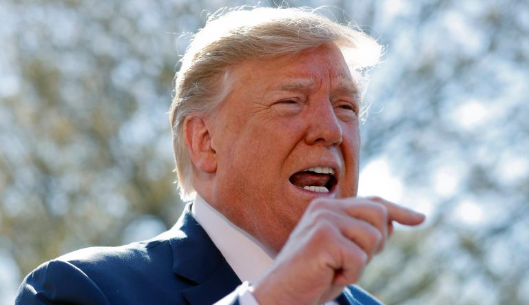 President Donald Trump speaks to members of the media on the South Lawn of the White House in Washington, before boarding Marine One helicopter, Wednesday, April 10, 2019. 
