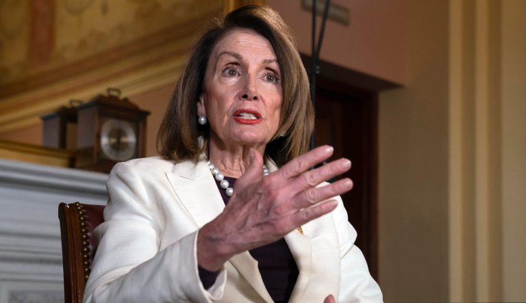 Speaker of the House Nancy Pelosi, D-Calif., speaks during an interview with The Associated Press in her office at the Capitol in Washington, Wednesday, April 10, 2019. 