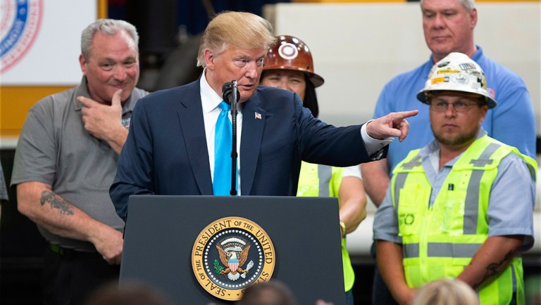 President Trump acknowledges the workers at the International Union of Operating Engineers International Training and Education Center.