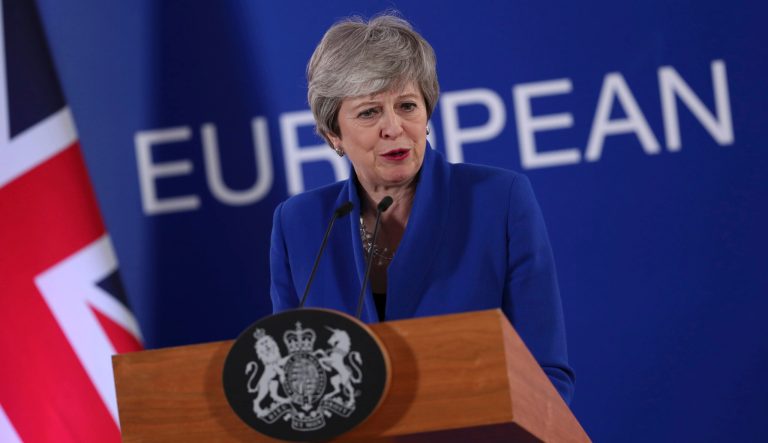 British Prime Minister Theresa May speaks during a media conference at the conclusion of an EU summit in Brussels, Thursday, April 11, 2019. European Union leaders on offered Britain an extension to Brexit that would allow the country to delay its EU departure date until Oct. 31. 