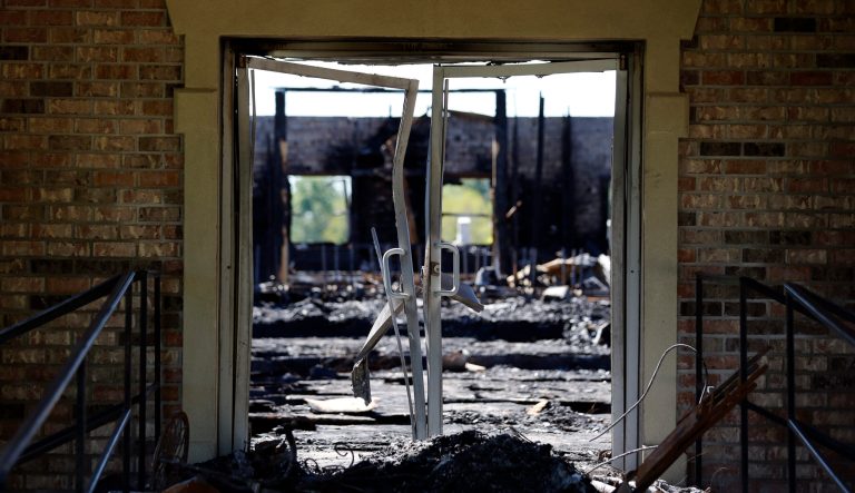 The burnt ruins of the Greater Union Baptist Church, one of three that recently burned down in St. Landry Parish, are seen in Opelousas, La., Wednesday, April 10, 2019. 