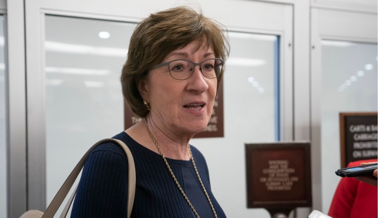 Sen. Susan Collins, R-Maine, takes questions from reporters after the confirmation vote for David Bernhardt to serve as secretary of the Interior, at the Capitol in Washington, Thursday, April 11, 2019. 
