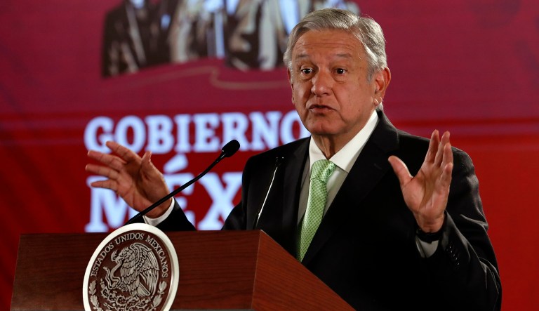 Mexican President AndrÃ©s Manuel LÃ³pez Obrador speaks at the daily press briefing at the National Palace in Mexico City, Friday, April 12, 2019.