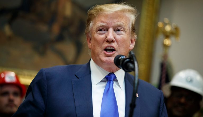 President Donald Trump delivers remarks during an event in the Roosevelt Room of the White House, Friday, April 12, 2019, in Washington. 