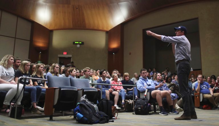 Presidential candidate Beto O'Rourke speaks to Virginia students in Nau Hall Room 101 during his last stop on a tour which saw him visit multiple cities in the state Tuesday, April 16, 2019, in Charlottesville, Va. 
