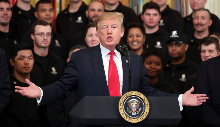 President Donald Trump speaks at a Wounded Warrior Project Soldier Ride event in the East Room of the White House, Thursday, April 18, 2019, in Washington. 