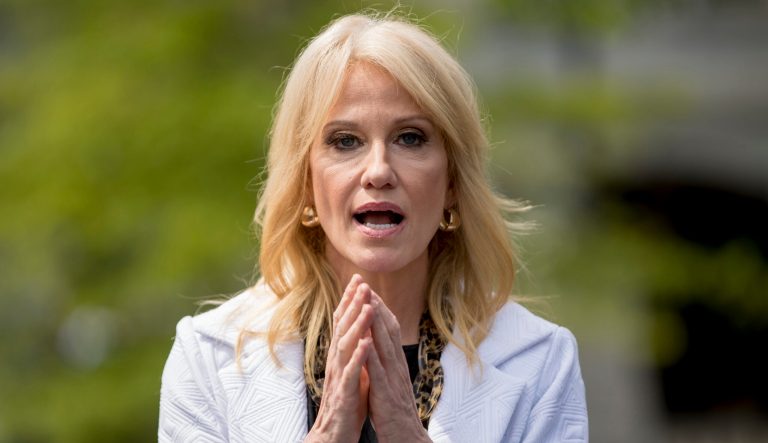 Counselor to the President Kellyanne Conway speaks to members of the media outside the West Wing on the North Lawn of the White House, Thursday, April 18, 2019, in Washington. 