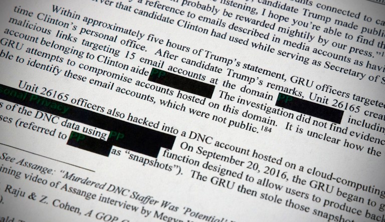 Special counsel Robert Mueller's redacted report on the investigation into Russian interference in the 2016 presidential election is photographed Thursday, April 18, 2019, in Washington. 