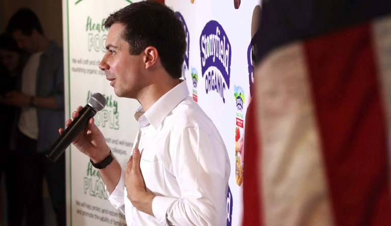 Democratic presidential candidate South Bend Mayor Pete Buttigieg answers questions from employees during a campaign stop at a dairy company in Londonderry, N.H., Friday, April 19, 2019.