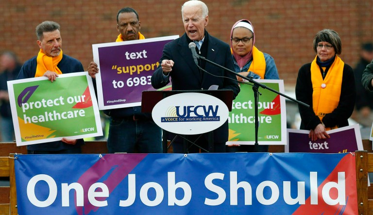 FILE - In this Thursday, April 18, 2019, file photo, former Vice President Joe Biden speaks at a rally in support of striking Stop & Shop workers in Boston.