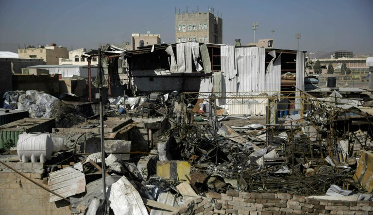 This April 10, 2019 photo shows a view of the site of an airstrike by Saudi-led coalition in Sanaa, Yemen. 