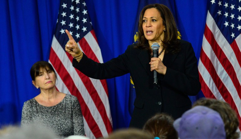 Democratic presidential candidate Sen. Kamala Harris, D-Calif., speaks.