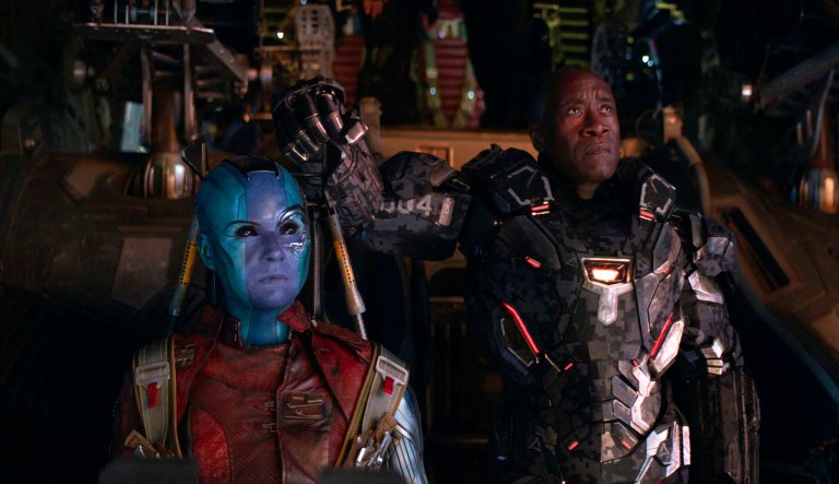 This image released by Disney shows Karen Gillan, left, and Don Cheadle in a scene from âAvengers: Endgame.â 