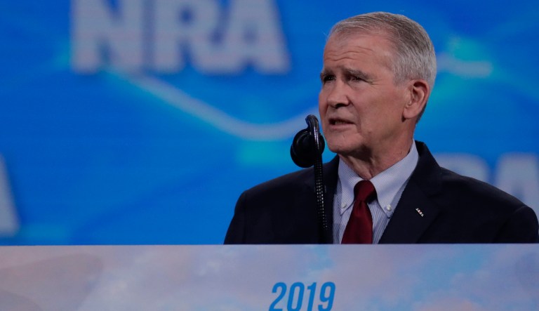 Nation Rifle Association President Col. Oliver North speaks at the National Rifle Association Institute for Legislative Action Leadership Forum in Lucas Oil Stadium in Indianapolis, Friday, April 26, 2019. 