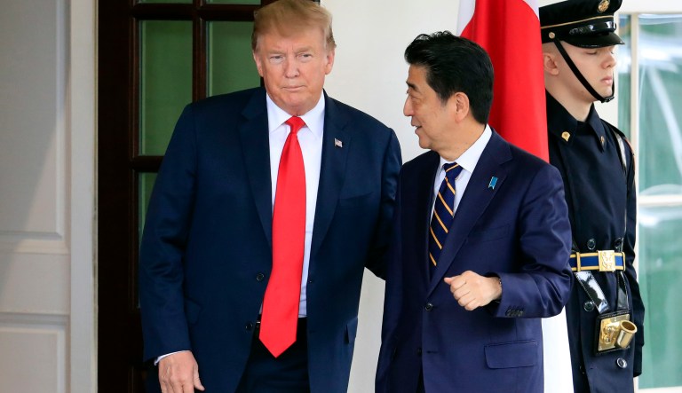 President Donald Trump welcomes  Japanese Prime Minister Shinzo Abe to the White House in Washington, Friday, April 26, 2019. 