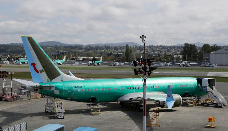 A Boeing 737 MAX 8 TUI fly airplane being built for TUI Group sits parked at Renton Municipal Airport next to Boeing's assembly facility in Renton, Wash. Friday, April 26, 2019. 