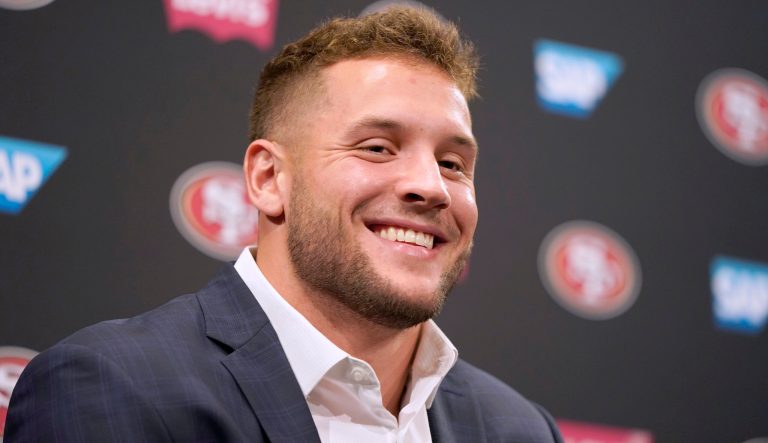 San Francisco 49ers first-round pick Nick Bosa smiles as he answers questions during an NFL football news conference Friday, April 26, 2019, in Santa Clara, Calif. 