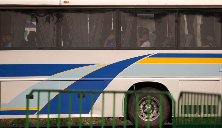 Migrants on a bus are transferred for deportation from an immigration detention center in Tapachula, Chiapas state, Mexico, Saturday, April 27, 2019. 