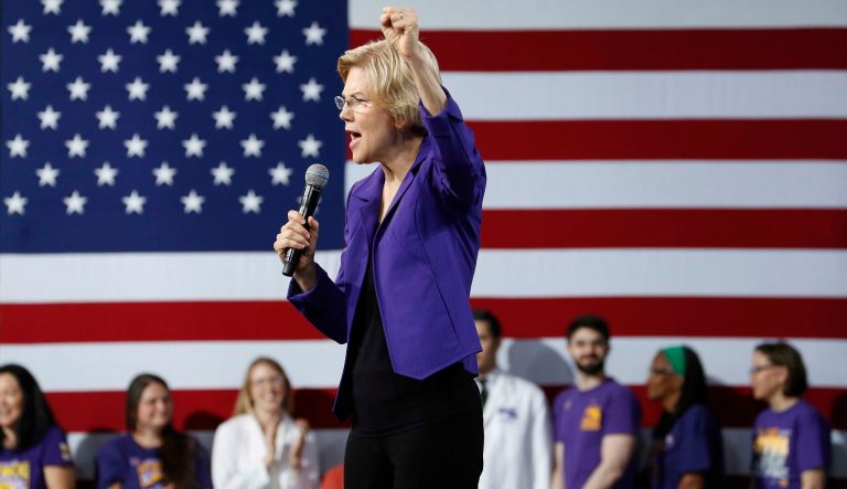 Democratic presidential candidate Sen. Elizabeth Warren, D-Mass., speaks at a Service Employees International Union forum on labor issues, Saturday, April 27, 2019, in Las Vegas. 