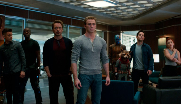 This image released by Disney shows, from left, Jeremy Renner, Don Cheadle, Robert Downey Jr., Chris Evans, Karen Gillan, the character Rocket, voiced by Bradley Cooper, Paul Rudd and Scarlett Johansson in a scene from "Avengers: Endgame."