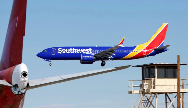 A Southwest Airlines Boeing 737 Max aircraft lands at the Southern California Logistics Airport in the high desert town of Victorville, California.
