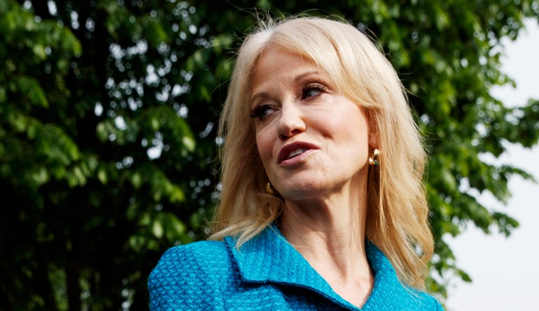 White House counselor Kellyanne Conway talks with reporters outside the White House in D.C.