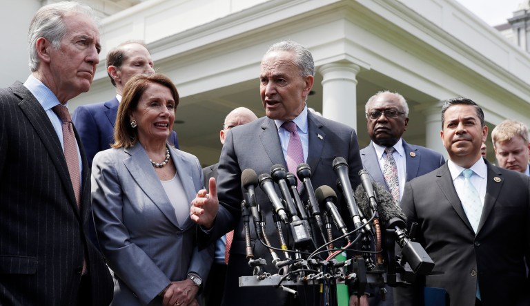 Speaker of the House Nancy Pelosi of Calif., Senate Minority Leader Sen. Chuck Schumer of N.Y. and other Democrats, talk to the media after meeting with President Trump in the Cabinet Room of the White House in D.C.