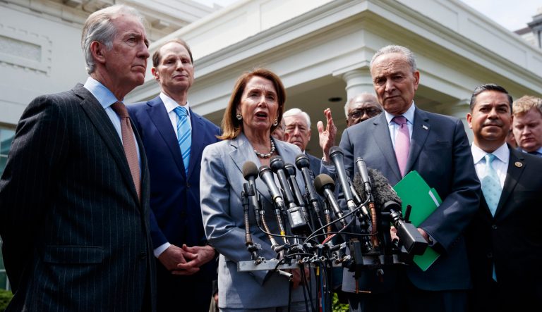 Speaker of the House Nancy Pelosi of Calif., talks with reporters after meeting with President Donald Trump about infrastructure, at the White House, Tuesday, April 30, 2019, in Washington. 