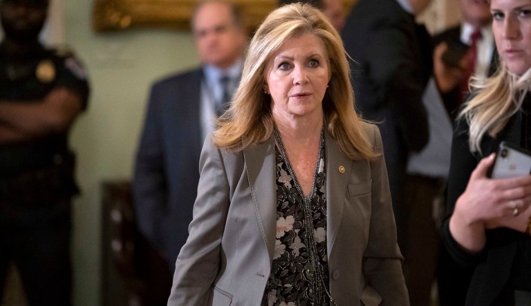 Sen. Marsha Blackburn, R-Tenn., leaves the chamber after commenting to reporters about conservative commentator Stephen Moore, President Trump choice to serve on the Federal Reserve Board, at the Capitol in Washington, Tuesday, April 30, 2019. Moore has gone on a talk-show blitz to try to save his candidacy following disclosures of incendiary comments he has made in the past about women.