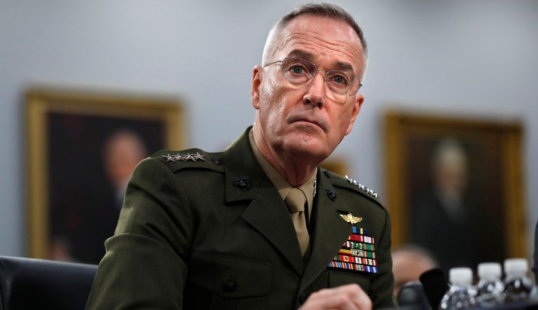 Joint Chiefs of Staff Chairman Gen. Joseph Dunford listens, Wednesday May 1, 2019, during a House Appropriations subcommittee on budget hearing on Capitol Hill in Washington.