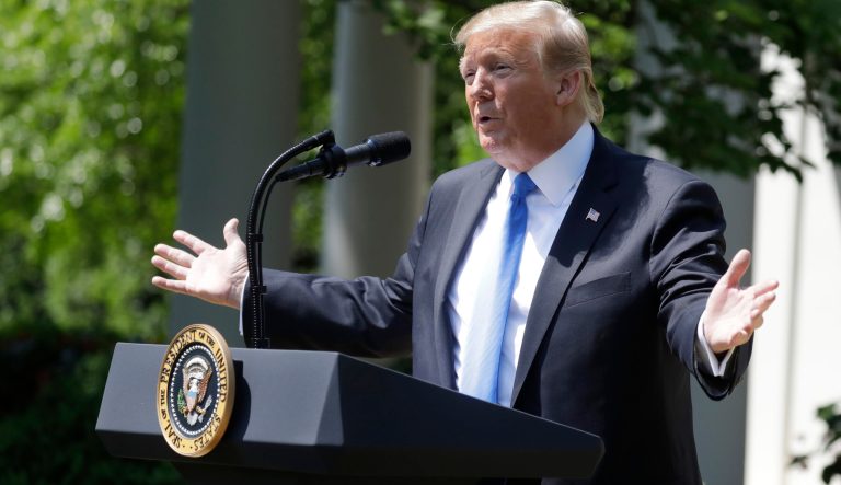 President Donald Trump speaks during a National Day of Prayer event in the Rose Garden of the White House, Thursday May 2, 2019, in Washington. 