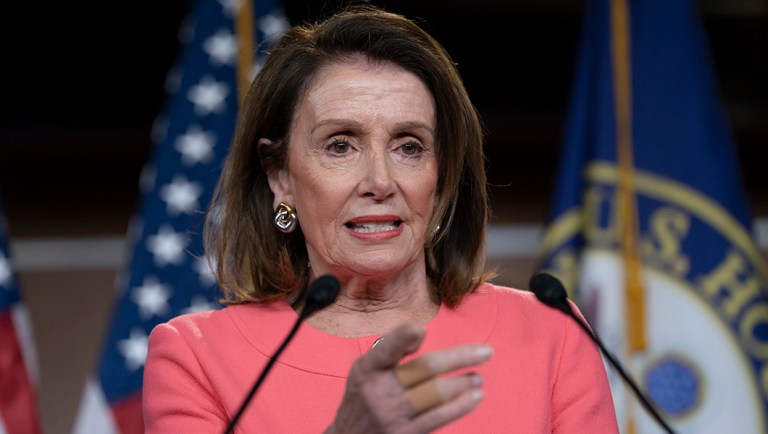 Speaker of the House Nancy Pelosi, D-Calif., talks to the media at a news conference on Capitol Hill.